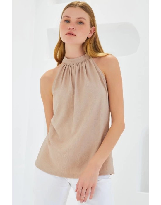 0489 Halter Yaka Örme Bluz - Bisküvi