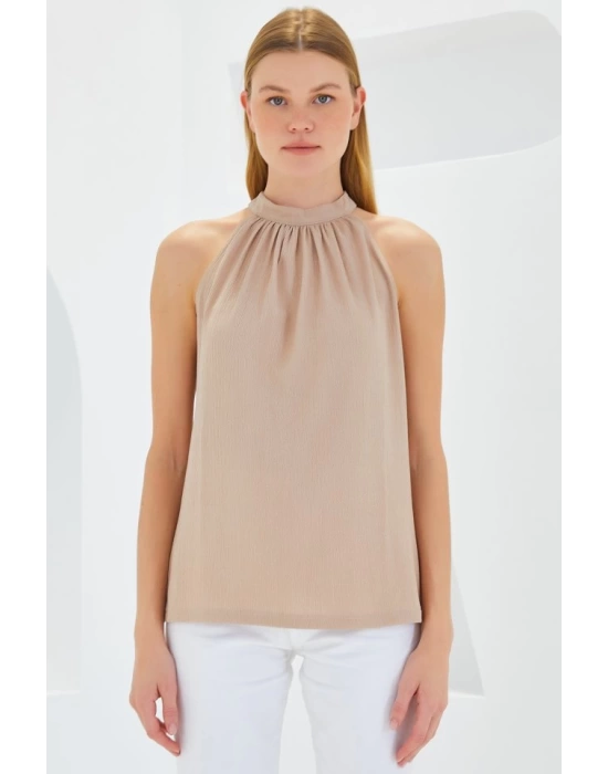 0489 Halter Yaka Örme Bluz - Bisküvi