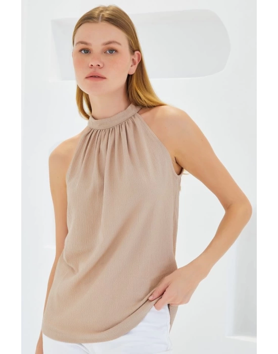 0489 Halter Yaka Örme Bluz - Bisküvi