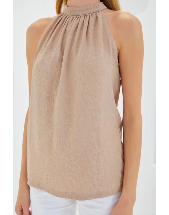 0489 Halter Yaka Örme Bluz - Bisküvi