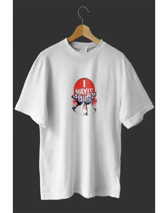 1 Mayıs Emek Ve Dayanışma Günü Baskılı Oversize Bisiklet Yaka T-shirt - Beyaz