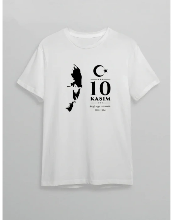 10 Kasım Atatürk Anma Günü Silüet Baskılı Oversize Bisiklet Yaka T-shirt - Beyaz