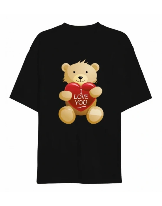 14 Şubat Sevgililer Günü I Love You Ayı Baskılı Oversize Bisiklet Yaka T-shirt - Siyah