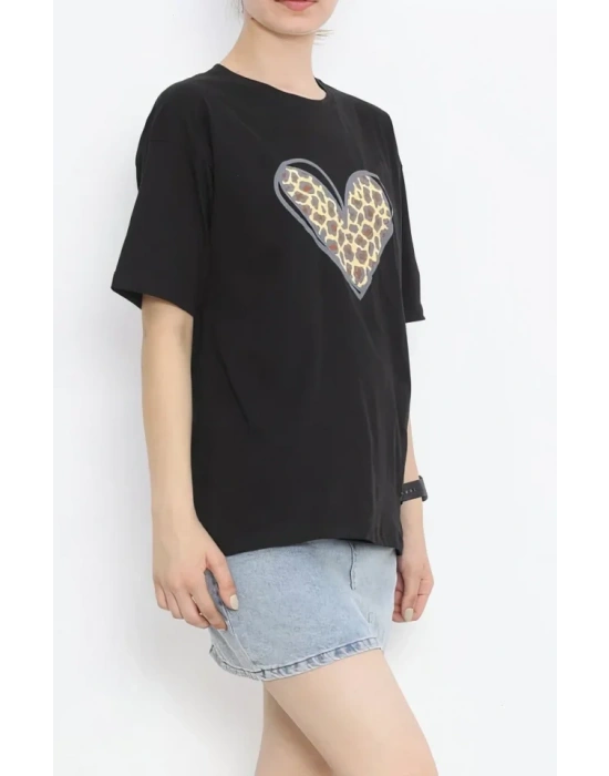 14 Şubat Sevgililer Günü Leopar Kalp Baskılı Oversize Bisiklet Yaka T-shirt - Siyah