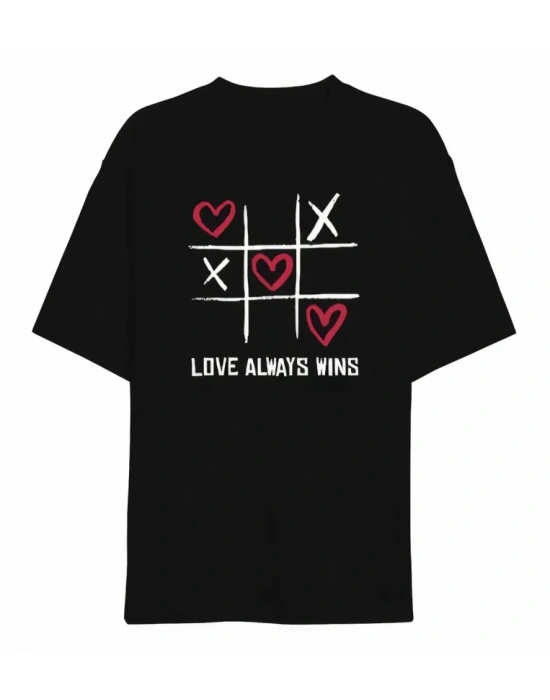 14 Şubat Sevgililer Günü Love Always Wins Baskılı Oversize Bisiklet Yaka T-shirt - Siyah