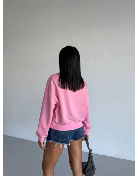 2 iplik bisiklet yaka sweat pembe f2339