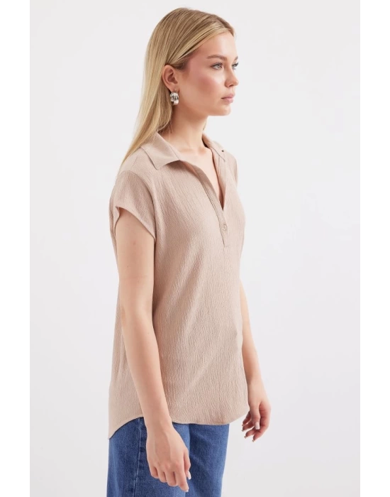 20123 Polo Yaka Örme Bluz - Bej