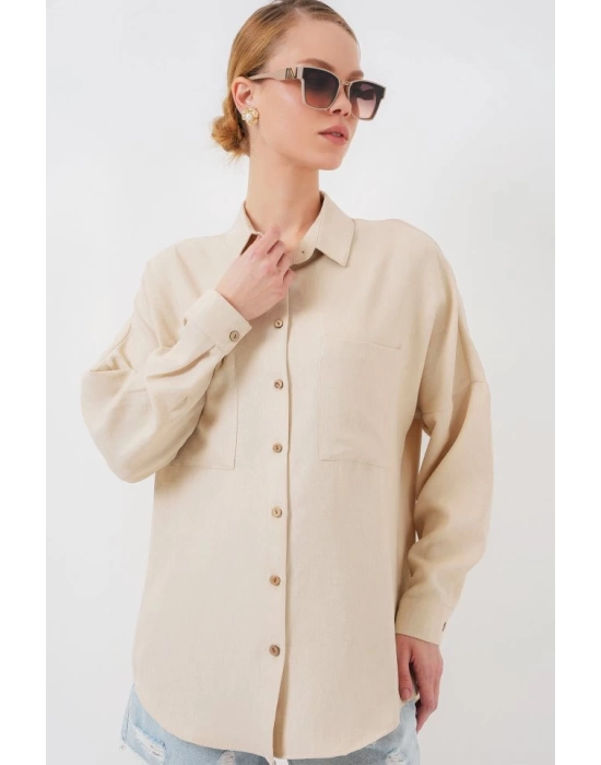 20126 Oversize Keten Gömlek - Bej