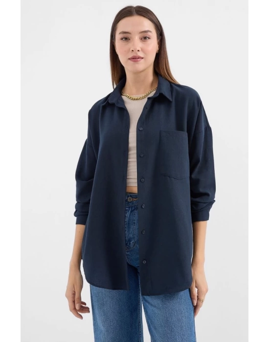 20153 Tek Cepli Oversize Keten Gömlek - Lacivert