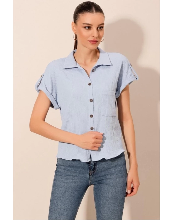 20187 Kısa Kol Oversize Örme Gömlek - Mavi
