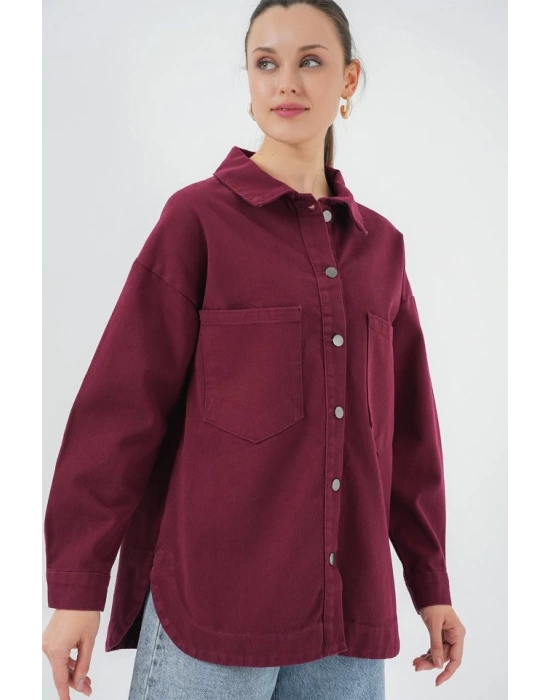 20192 Oversize Gabardin Gömlek Ceket - Bordo