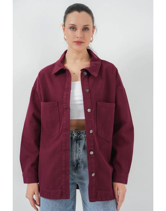20192 Oversize Gabardin Gömlek Ceket - Bordo