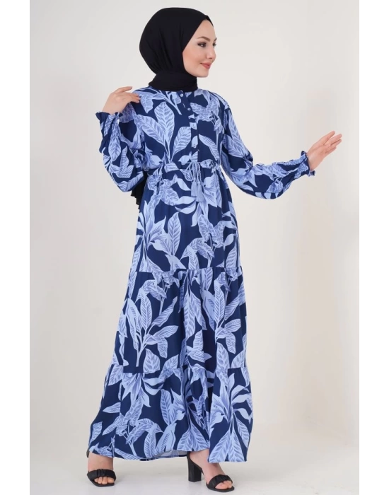 2145 Desenli Tesettür Elbise - Lacivert