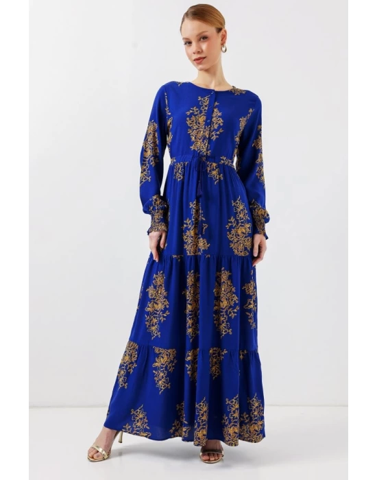 2145 Desenli Tesettür Elbise - Saks