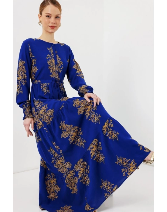 2145 Desenli Tesettür Elbise - Saks