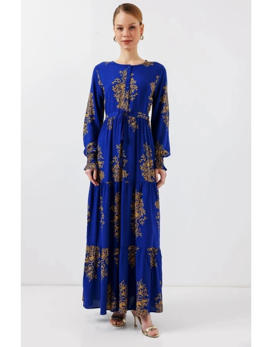 2145 Desenli Tesettür Elbise - Saks