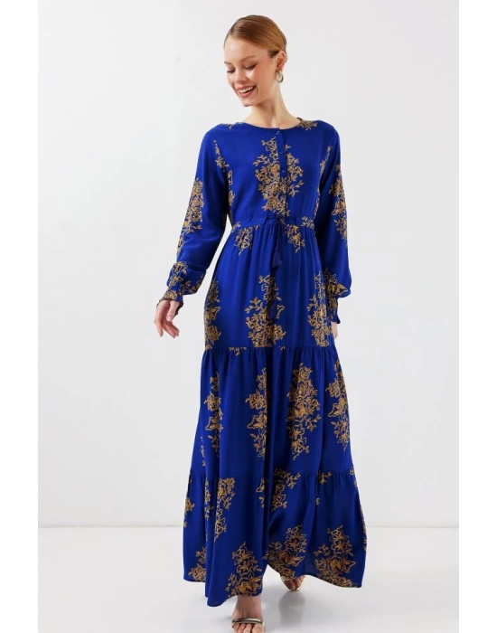 2145 Desenli Tesettür Elbise - Saks