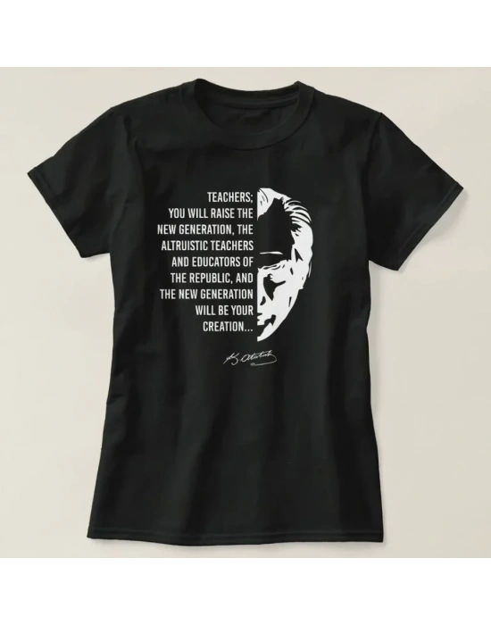 24 Kasım Öğretmenler Günü Temalı Baskılı Bisiklet Yaka T-shirt - Siyah