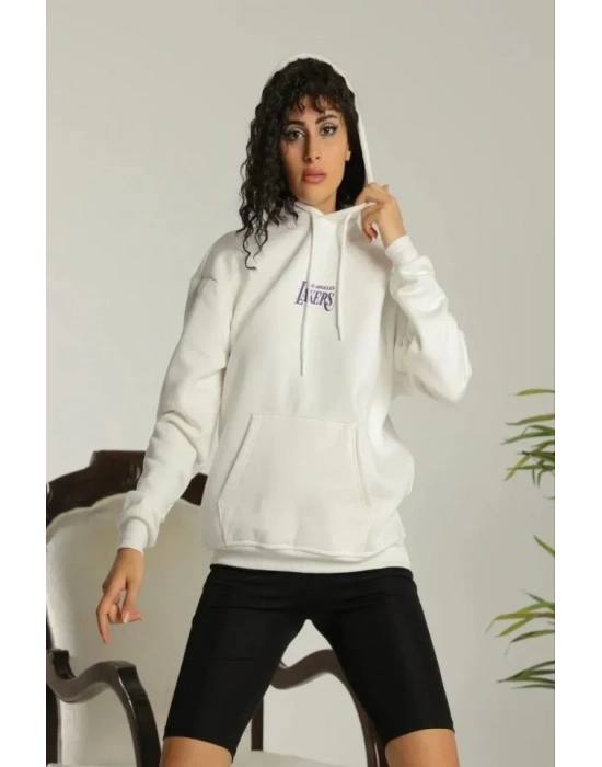24 Sırt Baskılı Ovresize Üç İplik Kapüşonlu Sweatshirt - Beyaz
