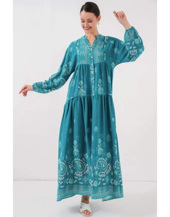 2423 Otantik Desenli Tesettür Elbise - B.Turkuaz