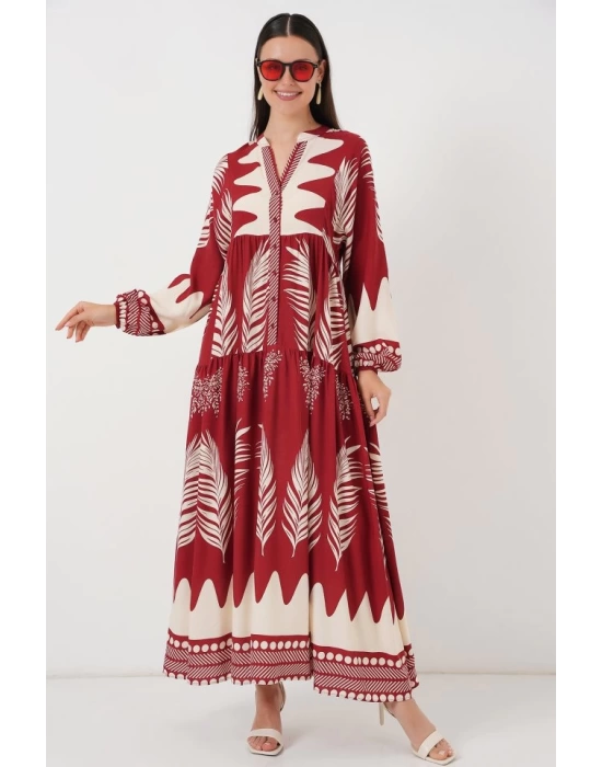 2423 Otantik Desenli Tesettür Elbise - G.Bordo