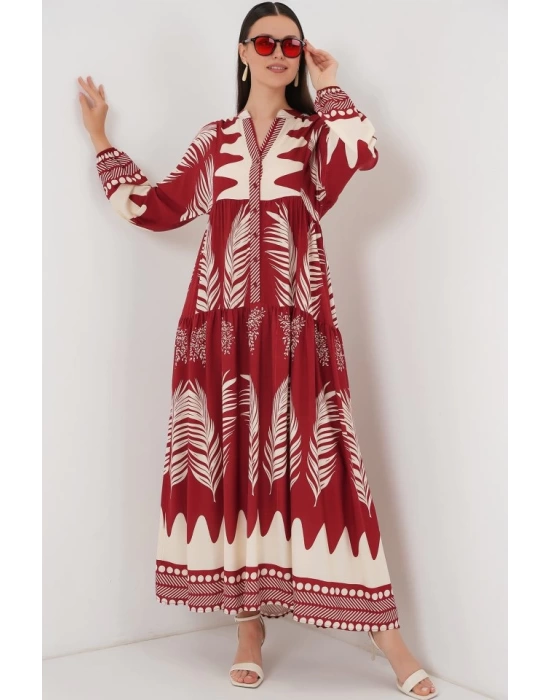 2423 Otantik Desenli Tesettür Elbise - G.Bordo