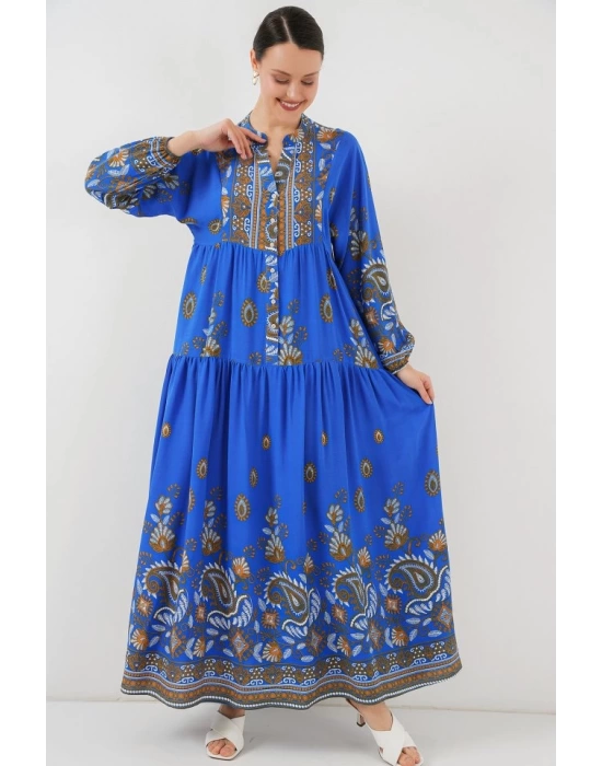 2423 Otantik Desenli Tesettür Elbise - Saks 1