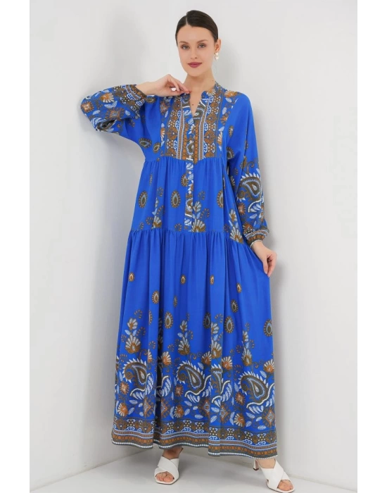 2423 Otantik Desenli Tesettür Elbise - Saks 1