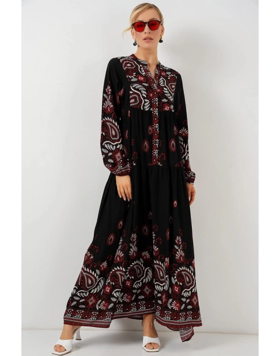 2423 Otantik Desenli Tesettür Elbise - Siyah - Bordo