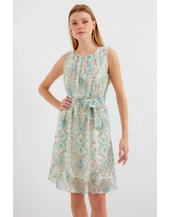 2501 Desenli Sıfır Kol Şifon Elbise - Mint