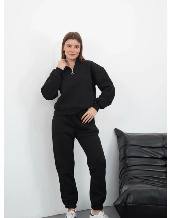 3 iplik içi Şardonlu yarım fermuarlı alt üst takım siyah