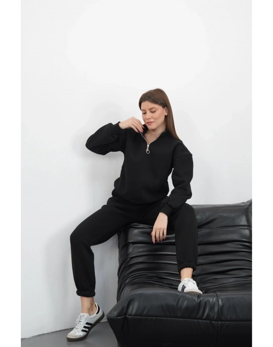 3 iplik içi Şardonlu yarım fermuarlı alt üst takım siyah