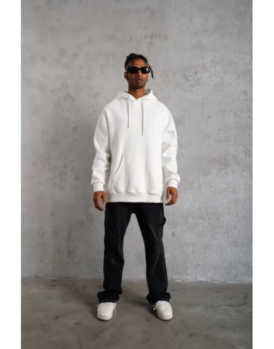 3 İplik Kapşonlu Sweatshirt Hoodie - Beyaz