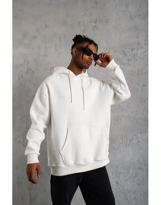 3 İplik Kapşonlu Sweatshirt Hoodie - Beyaz