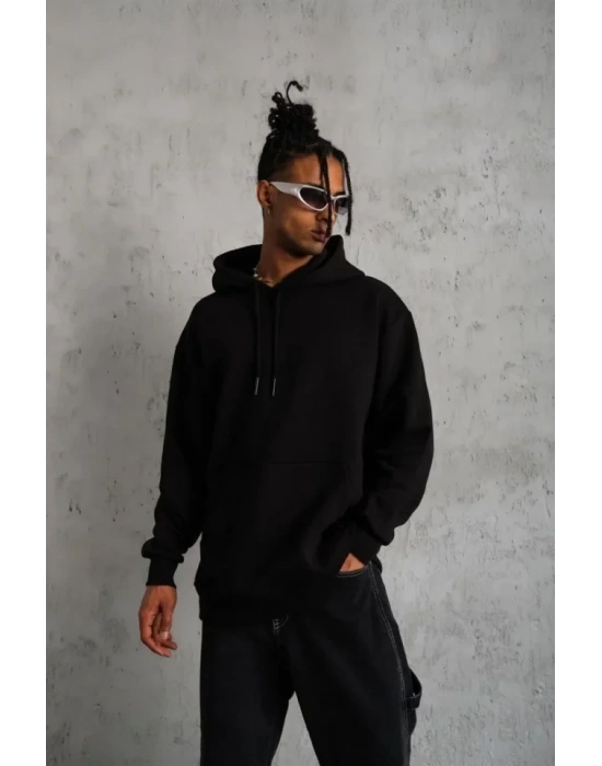 3 İplik Kapşonlu Sweatshirt Hoodie - Siyah