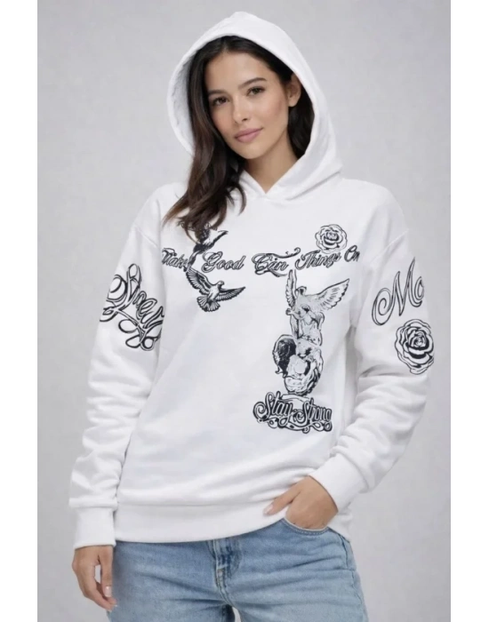 3 İplik Pamuklu Kapüşonlu Baskılı SweatShirt Hoodie - Beyaz