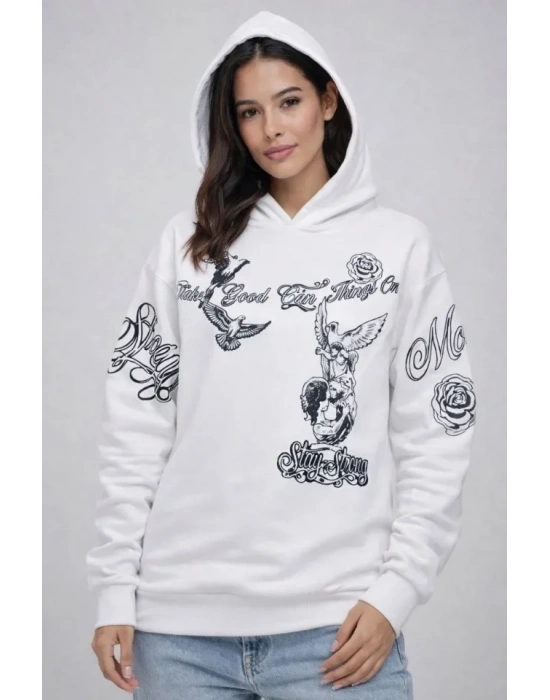 3 İplik Pamuklu Kapüşonlu Baskılı SweatShirt Hoodie - Beyaz