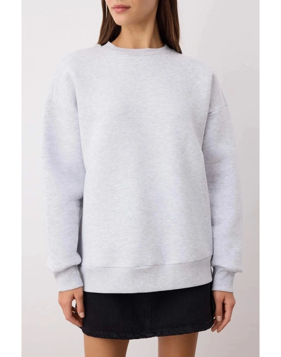 3 iplik şardonlu bisiklet yaka sweatshirt gri