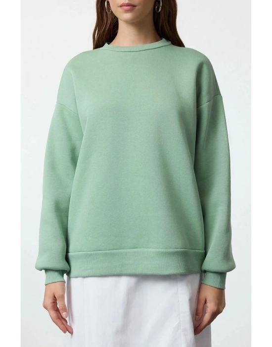3 iplik şardonlu bisiklet yaka sweatshirt mint