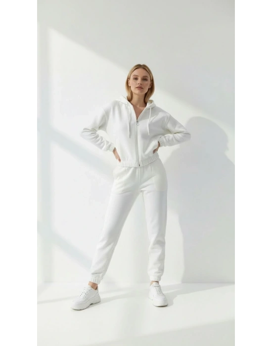 3 iplik şardonlu Kapşonlu fermuarlı kısa üst beyaz pat8590