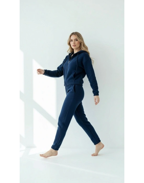 3 iplik şardonlu Kapşonlu fermuarlı kısa üst lacivert pat8590