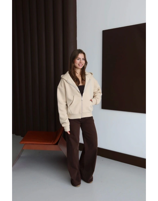 3 iplik şardonlu kapşonlu hoodie frm bej p510437