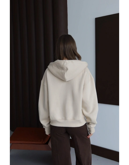 3 iplik şardonlu kapşonlu hoodie frm bej p510437