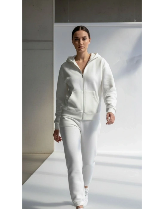 3 iplik şardonlu kapşonlu hoodie frm beyaz p510437