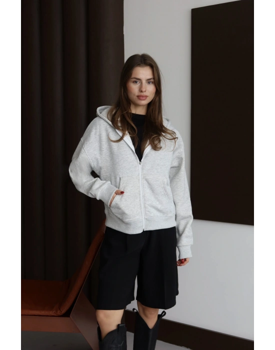 3 iplik şardonlu kapşonlu hoodie frm gri p510437