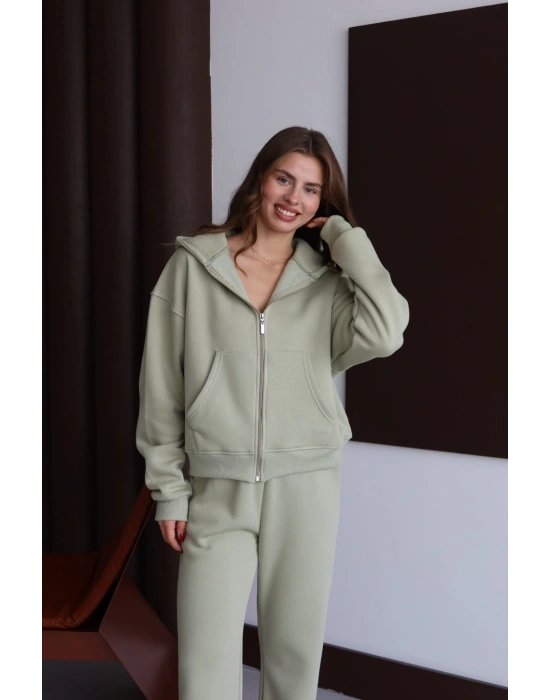 3 iplik şardonlu kapşonlu hoodie frm mint p510437