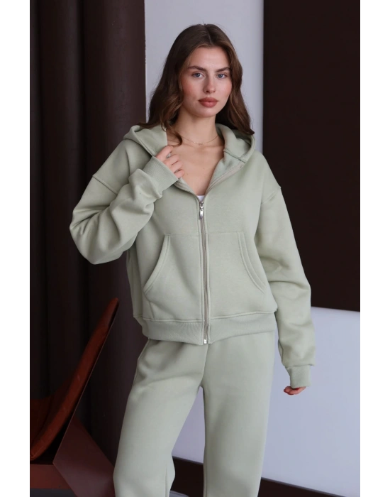 3 iplik şardonlu kapşonlu hoodie frm mint p510437