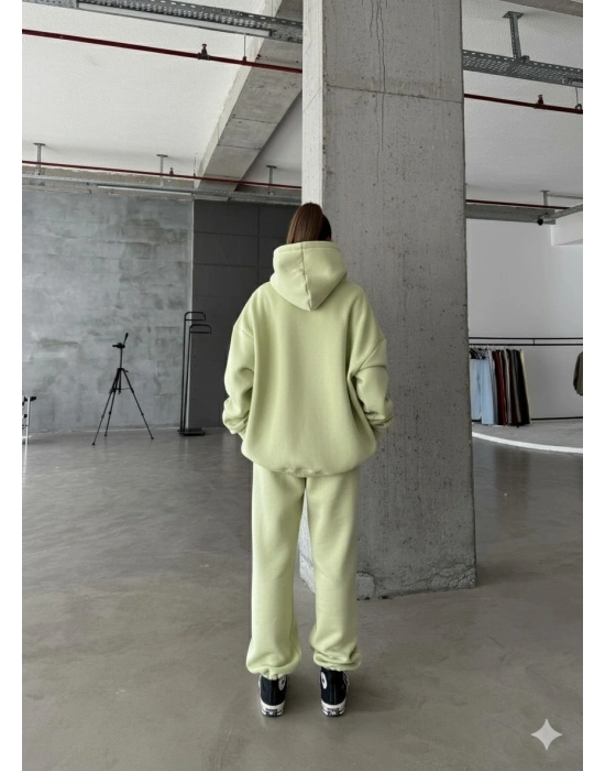 3 iplik şardonlu kapşonlu sweatshirt mint p510436