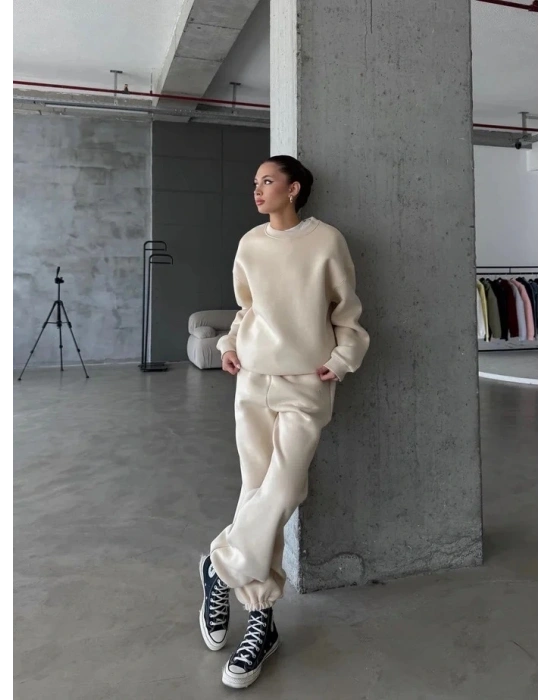 3 iplik şardonlu Lastik paça eşofman bej p510439