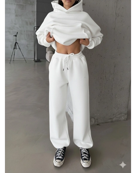 3 iplik şardonlu Lastik paça eşofman beyaz p510439